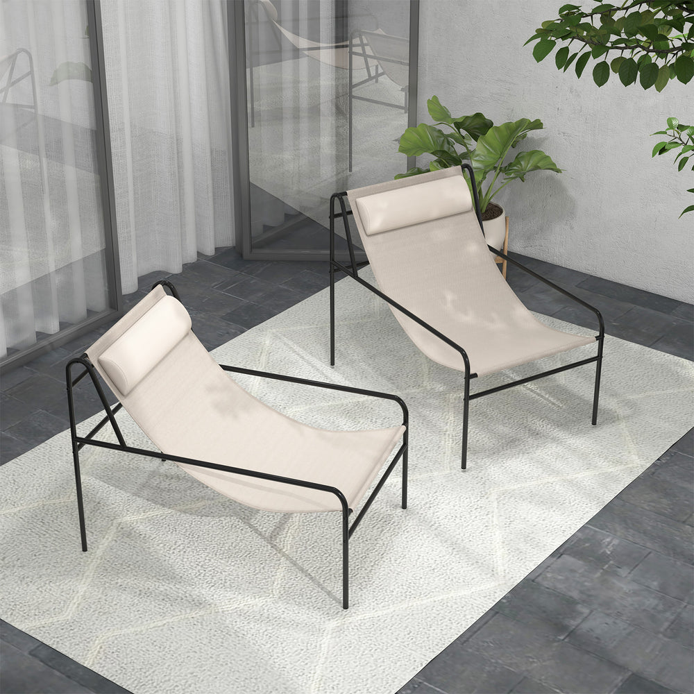 Beige patio sling lounge chairs with removable headrest pillows and metal frames, perfect for indoor or outdoor use.