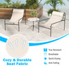 Patio sling lounge chairs with removable headrest pillows, beige fabric, and metal frame for indoor and outdoor use.