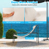 Patio sling lounge chair in beige featuring a removable headrest pillow and durable metal frame for outdoor comfort.