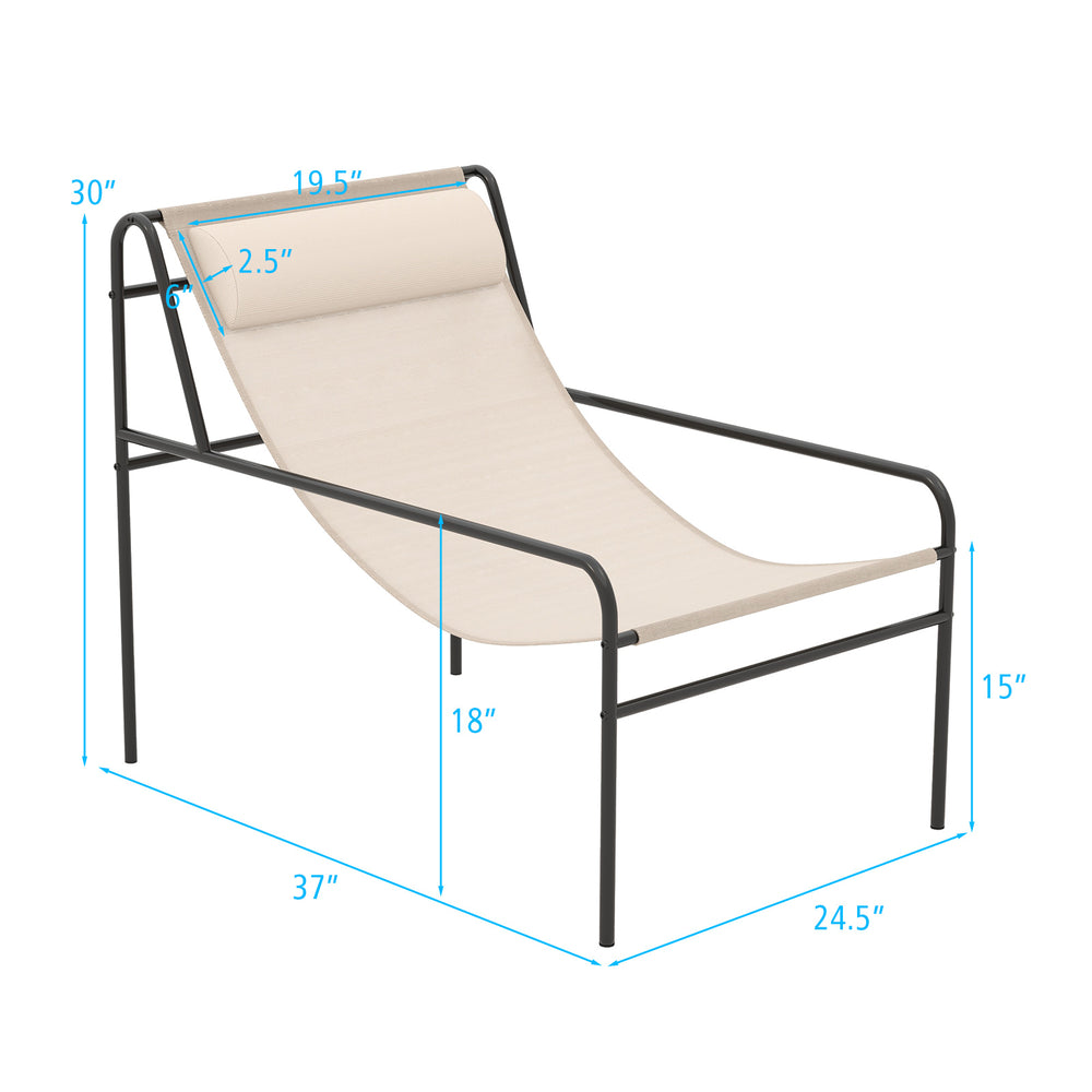 Patio sling lounge chair with beige fabric, removable headrest, and durable metal frame for indoor or outdoor use.
