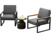 Two modern grey patio armchairs with aluminum frames and wood-plastic armrests, perfect for balcony relaxation.
