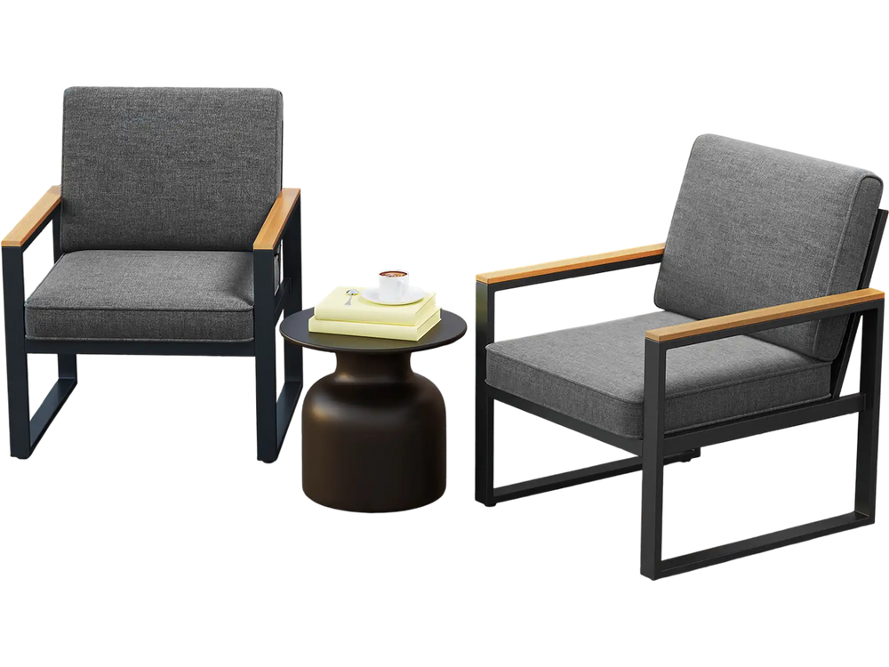 Two modern grey patio armchairs with aluminum frames and wood-plastic armrests, perfect for balcony relaxation.