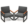 Set of 2 modern patio armchairs with grey cushions, aluminum frame, and wood-plastic armrests for outdoor relaxation.