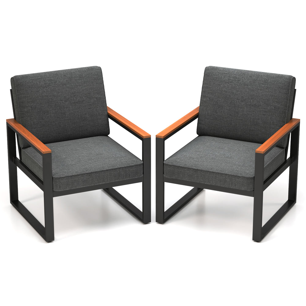 Set of 2 modern patio armchairs with grey cushions, aluminum frame, and wood-plastic armrests for outdoor relaxation.