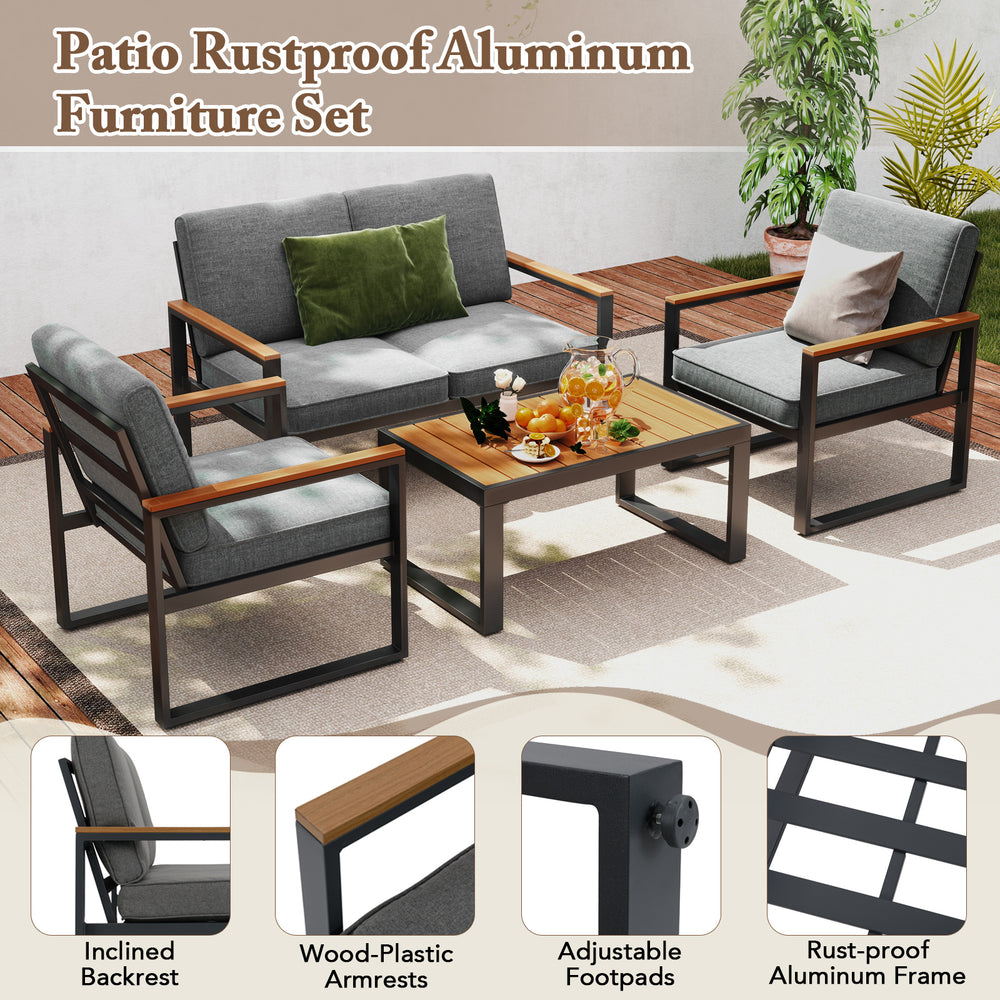 Patio aluminum sofa set with grey cushions, featuring wood-plastic armrests and adjustable footpads for outdoor comfort.