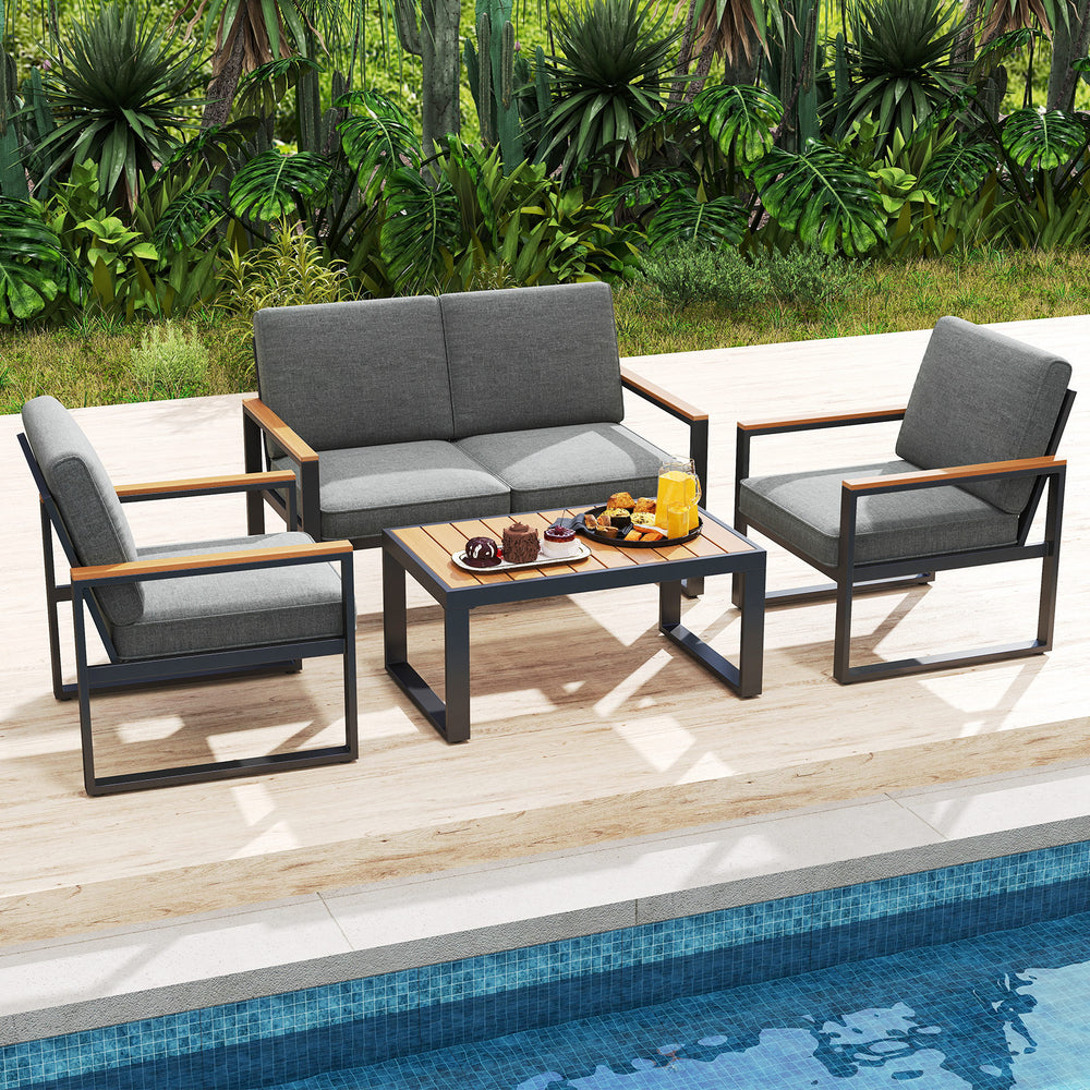 Modern patio aluminum sofa set with grey cushions and wooden armrests, perfect for poolside relaxation.