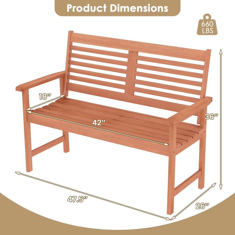 Patio solid wood loveseat with slatted seat and inclined backrest, measuring 42” wide, ideal for outdoor relaxation.