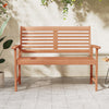 Solid wood loveseat bench with slatted seat and inclined backrest, perfect for outdoor patios and gardens.