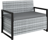 Gray outdoor wicker loveseat storage bench with ergonomic backrest and removable cushion, ideal for backyard or porch.