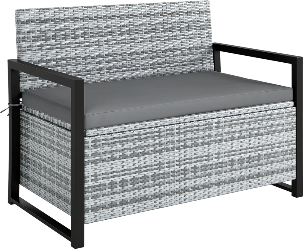 Gray outdoor wicker loveseat storage bench with ergonomic backrest and removable cushion, ideal for backyard or porch.