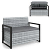 Patio storage bench loveseat in gray wicker with built-in storage, ergonomic backrest, and heavy-duty metal frame.
