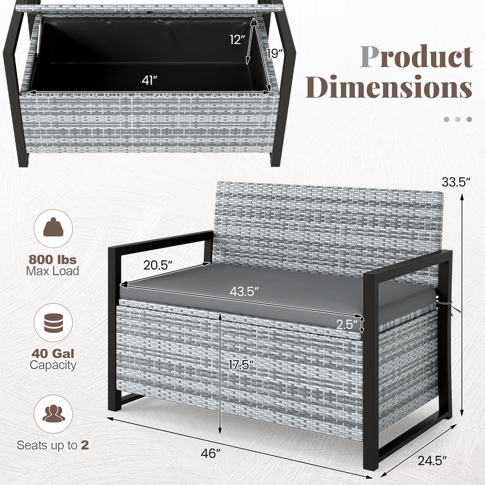 Patio storage bench with gray wicker design, 800 lbs capacity, 40-gallon storage, ideal for outdoor seating and storage.