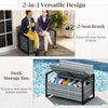 Patio storage bench in gray wicker, featuring a 2-seat design and built-in storage for outdoor use.