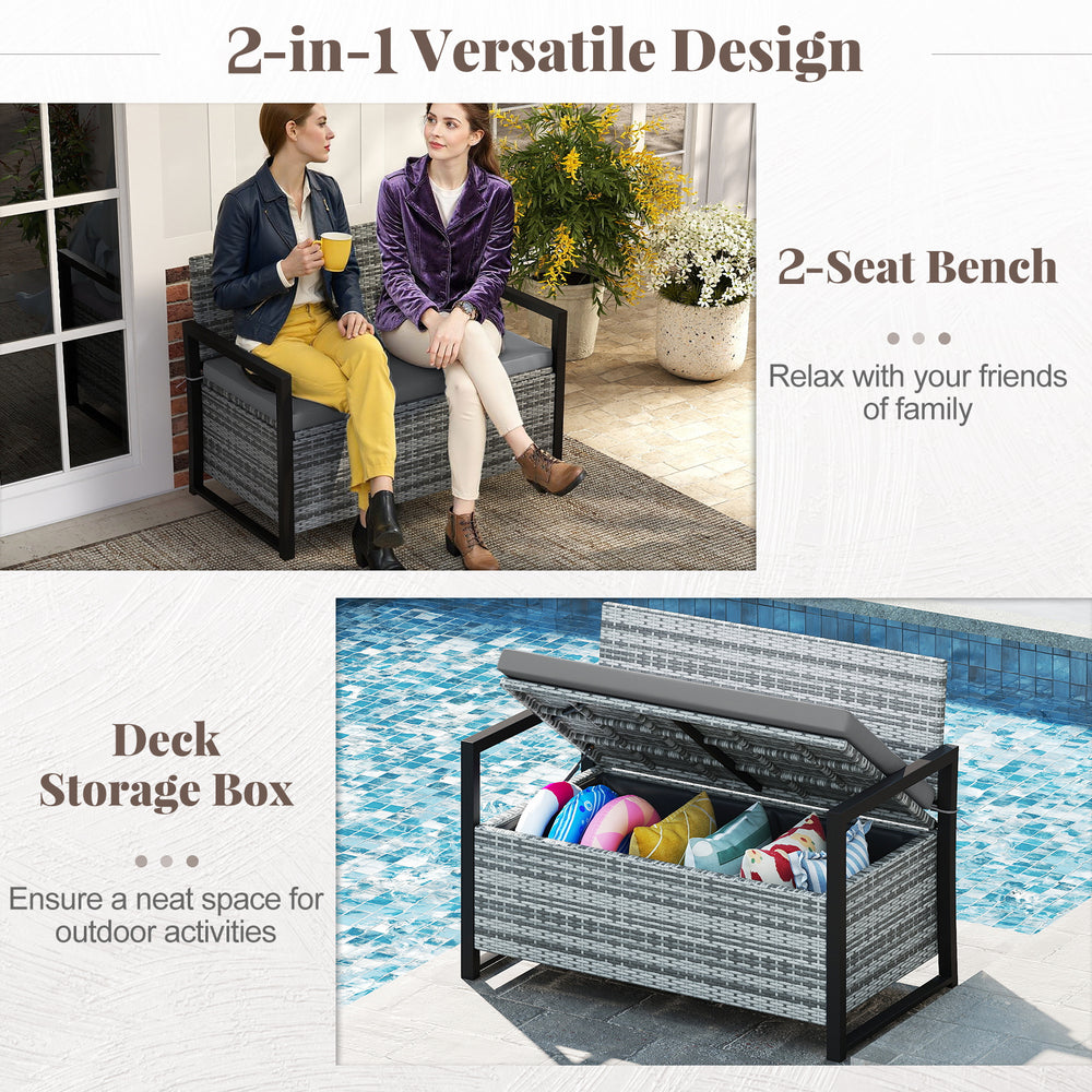 Patio storage bench in gray wicker, featuring a 2-seat design and built-in storage for outdoor use.