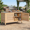 Patio storage cabinet with stainless steel countertop, featuring ample storage and breathable shutter doors for outdoor organization.