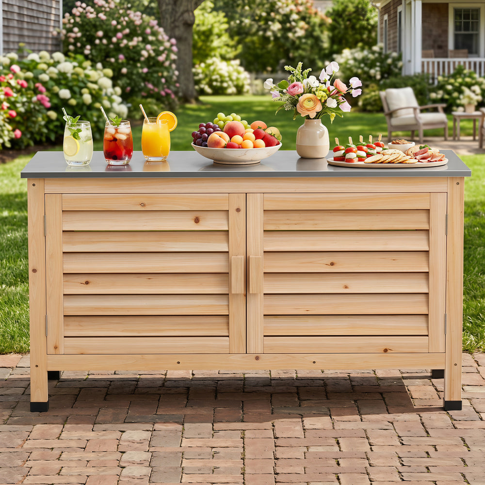 Patio storage cabinet with stainless steel countertop and L-shaped shelf, perfect for organizing tools and tableware outdoors.