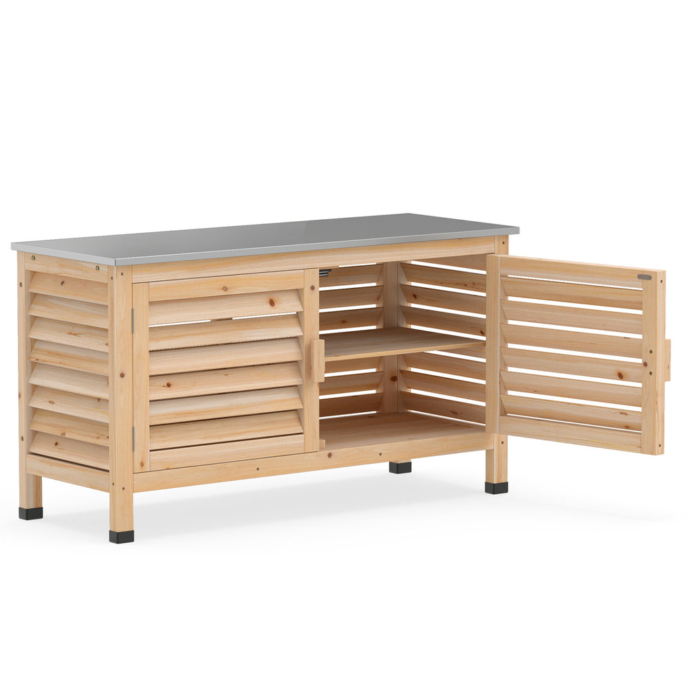 Patio storage cabinet with stainless steel countertop and L-shaped shelf, made of premium fir wood for outdoor organization.