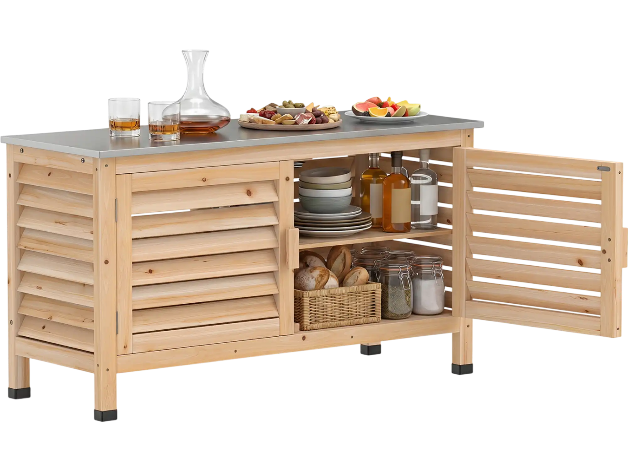 Costway Patio Storage Cabinet Stainless Steel Countertop L-Shaped Shelf 31479636 New