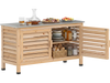 Patio storage cabinet features a stainless steel countertop and L-shaped shelf, perfect for organizing tools and tableware.