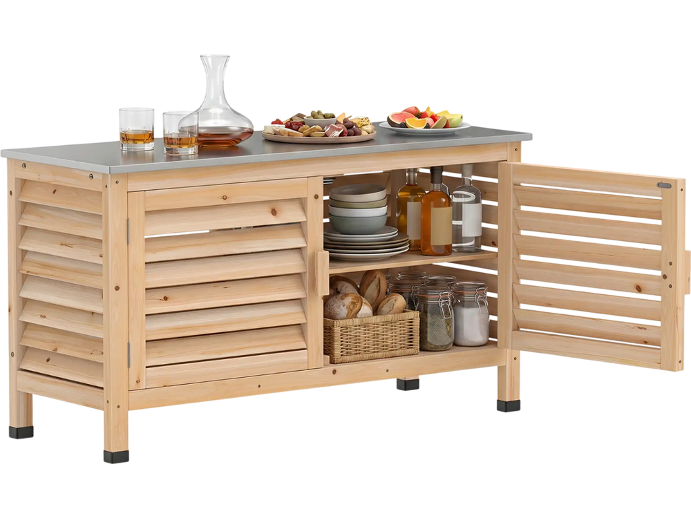 Patio storage cabinet features a stainless steel countertop and L-shaped shelf, perfect for organizing tools and tableware.