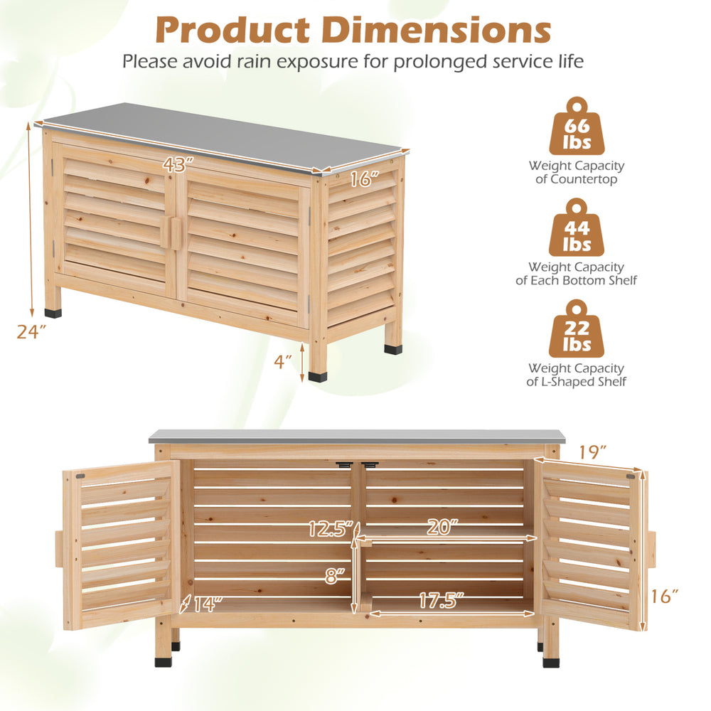 Patio storage cabinet featuring a stainless steel countertop, ample storage, and L-shaped shelf for outdoor organization.