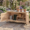 Patio storage cabinet with stainless steel countertop and L-shaped shelf, perfect for organizing garden tools and supplies.