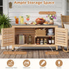 Patio storage cabinet features a stainless steel countertop, L-shaped shelf, and ample storage for garden essentials.