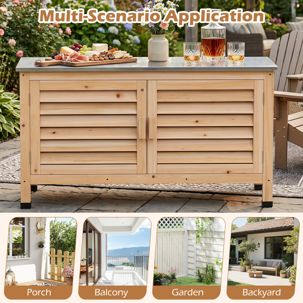 Patio storage cabinet made of fir wood with a stainless steel countertop, perfect for organizing tools and tableware outdoors.