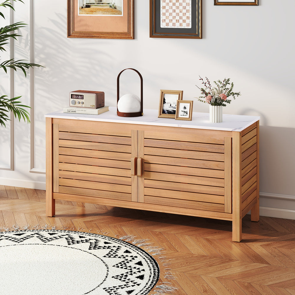 Acacia wood patio storage cabinet with faux marble top, featuring 2 doors and ample shelving for outdoor essentials.