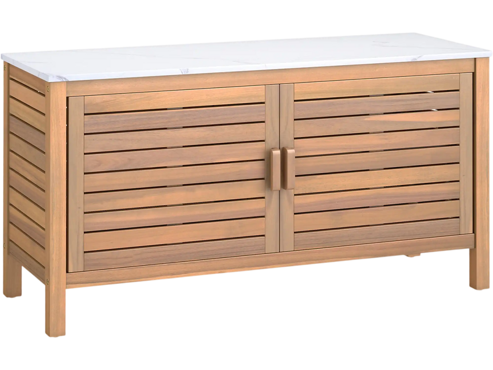 Patio Storage Cabinet 2-Door Acacia Wood Storage Container with Faux Marble Top