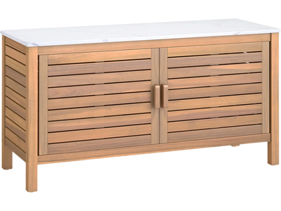 Costway 2-Door Acacia Wood Patio Storage Cabinet Faux Marble Top 368579142 New