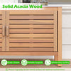 Close-up of the solid acacia wood patio storage cabinet with a faux marble top, showcasing its rustic charm and.