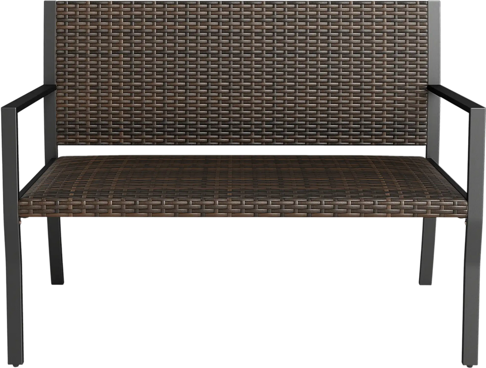 Brown rattan loveseat with soft sponge seat, sturdy metal frame, perfect for patio or garden relaxation.