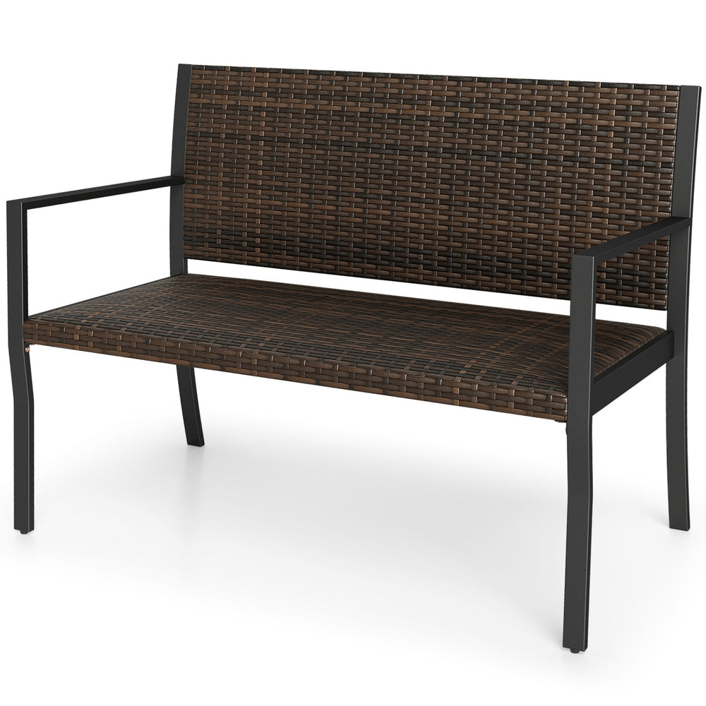 Brown patio loveseat made of sun-proof rattan with soft sponge seat, ideal for outdoor relaxation on porches or decks.
