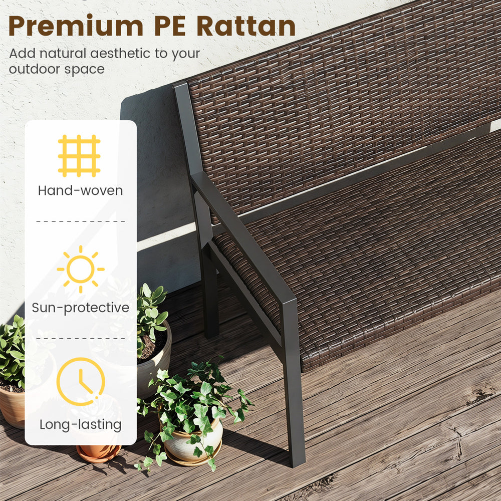 Brown patio loveseat with sun-proof rattan, soft sponge seat, and robust metal frame for outdoor relaxation.