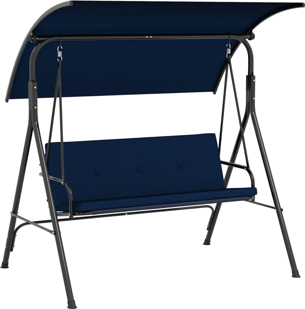 Patio swing chair with adjustable navy canopy and removable cushion, perfect for backyard relaxation and outdoor.
