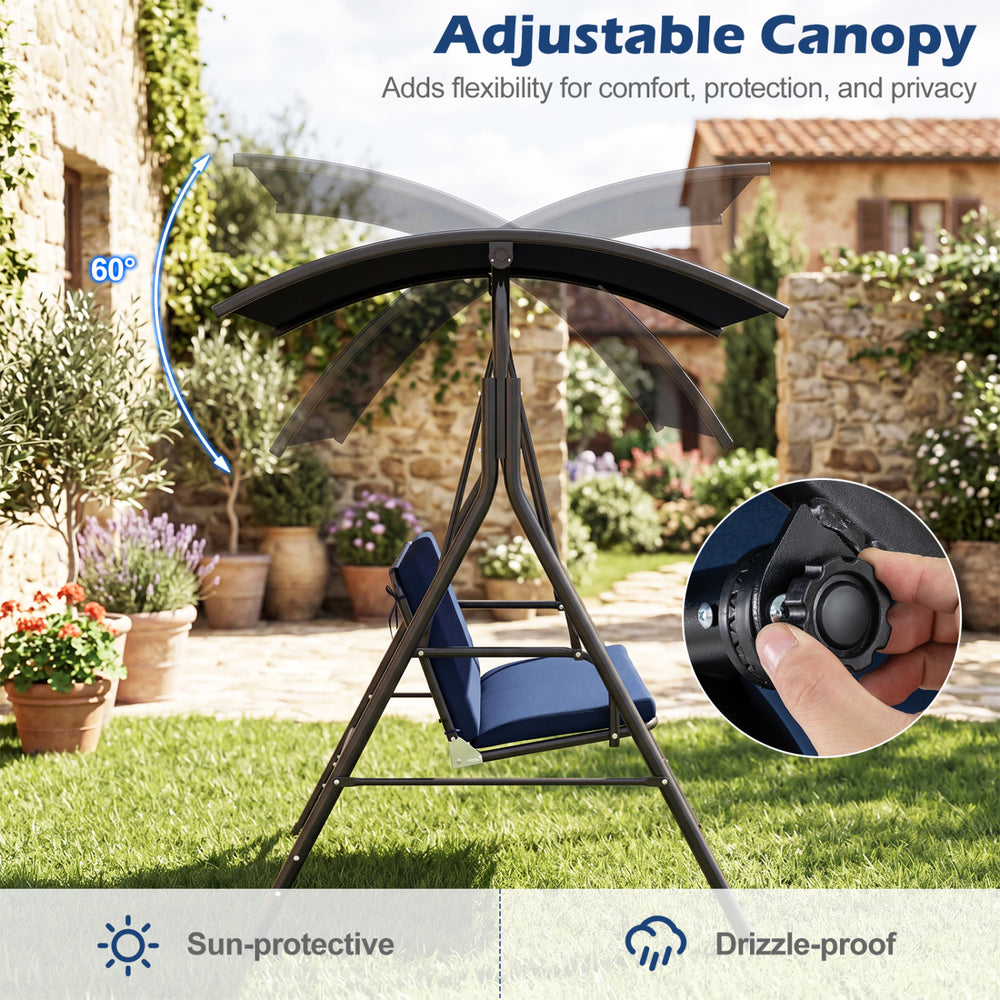 Patio swing chair with adjustable sun-protective canopy, removable cushion, and sturdy metal stand for outdoor comfort.
