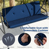 Patio swing chair with removable navy cushion, adjustable canopy, and sturdy metal frame for outdoor relaxation.