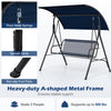 Patio swing chair with adjustable navy canopy, removable cushion, and heavy-duty metal frame for outdoor relaxation.