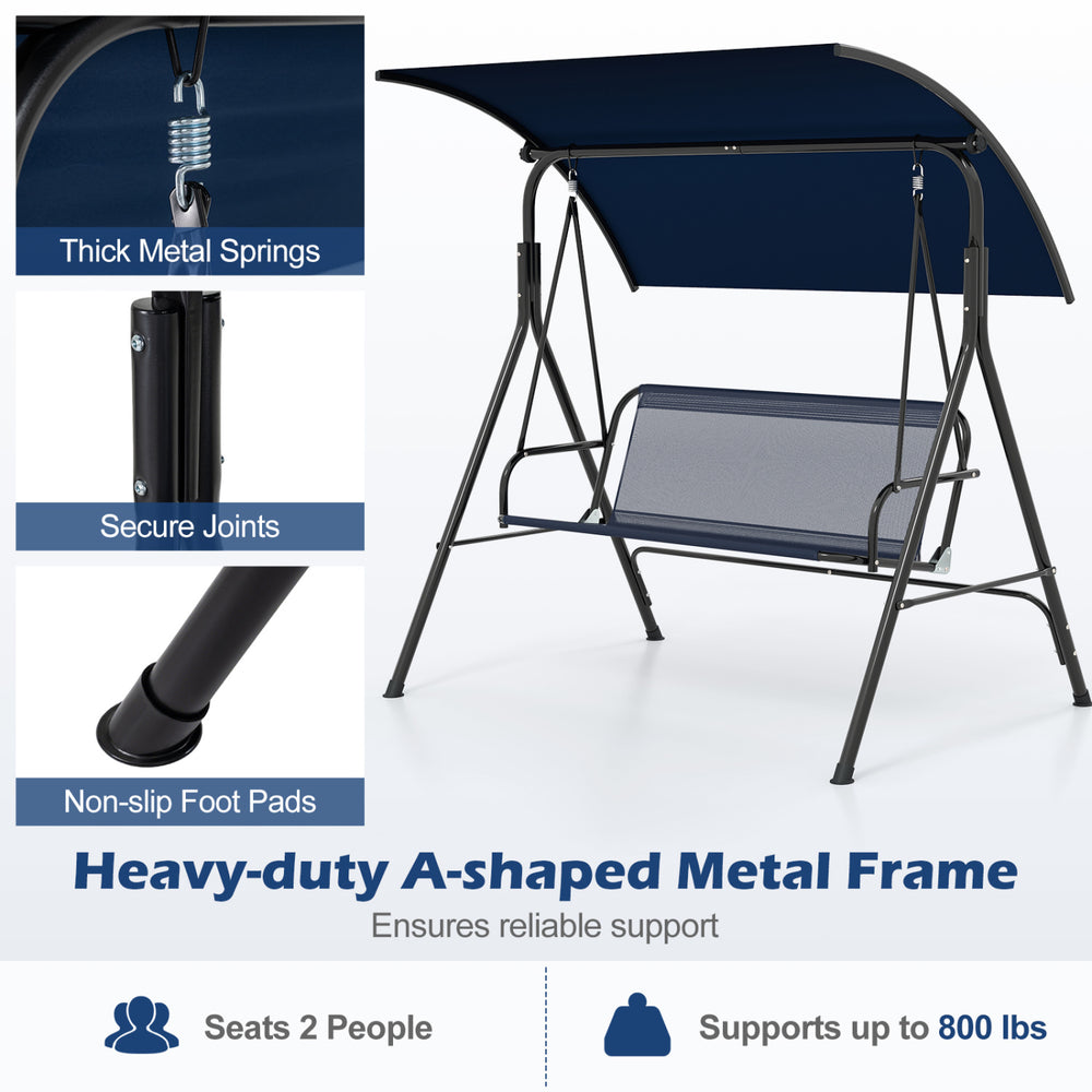 Patio swing chair with adjustable navy canopy, removable cushion, and heavy-duty metal frame for outdoor relaxation.