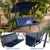 Navy patio swing chair with adjustable canopy, removable cushion, ergonomic backrest, and integrated armrests for.