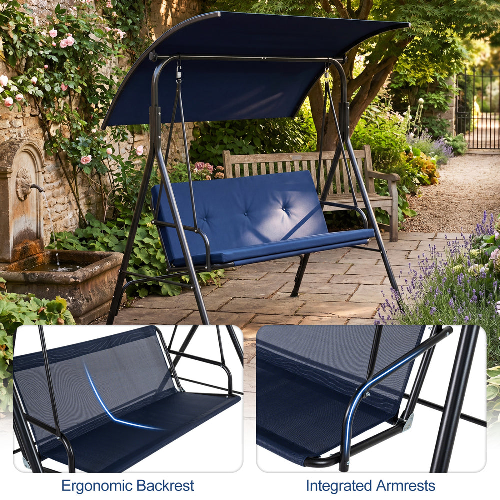 Navy patio swing chair with adjustable canopy, removable cushion, ergonomic backrest, and integrated armrests for.