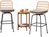 Set of 2 patio swivel barstools with gray soft seat cushions, featuring rattan backs and a sturdy metal frame, ideal.
