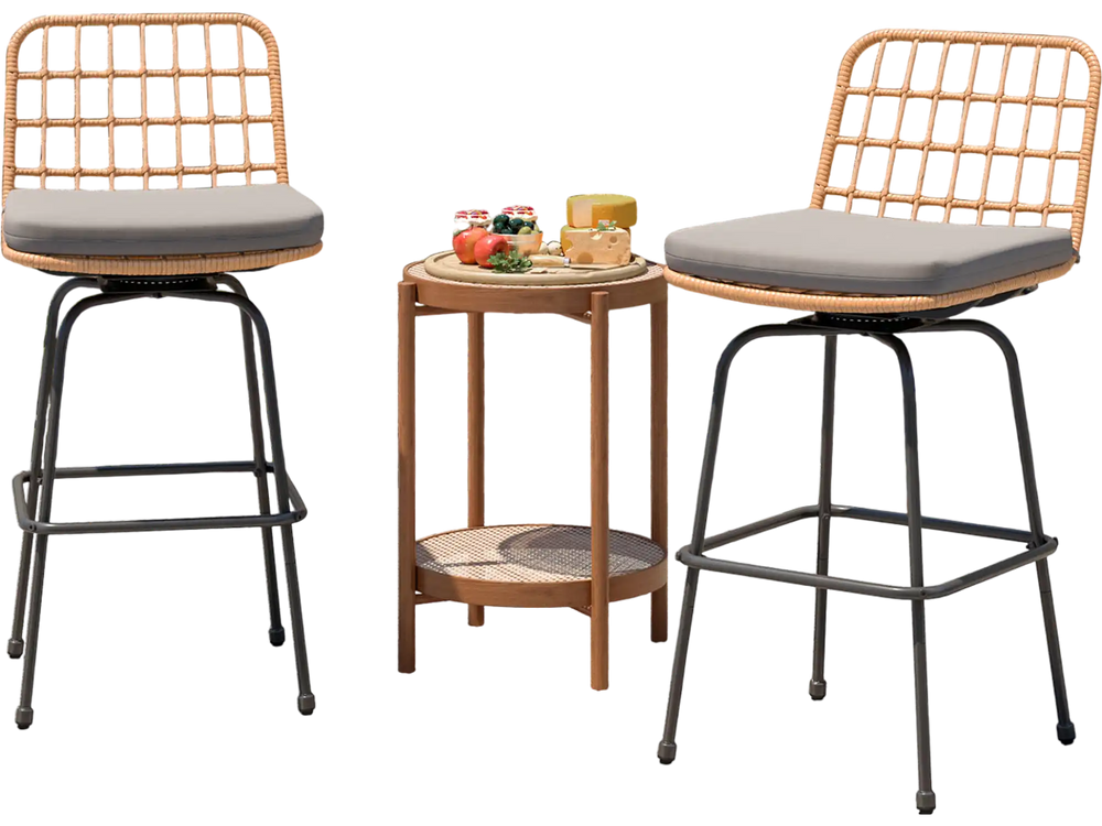 Set of 2 patio swivel barstools with gray soft seat cushions, featuring rattan backs and a sturdy metal frame, ideal.
