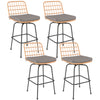Set of 4 patio swivel barstools with gray soft seat cushions and rattan accents for outdoor relaxation.