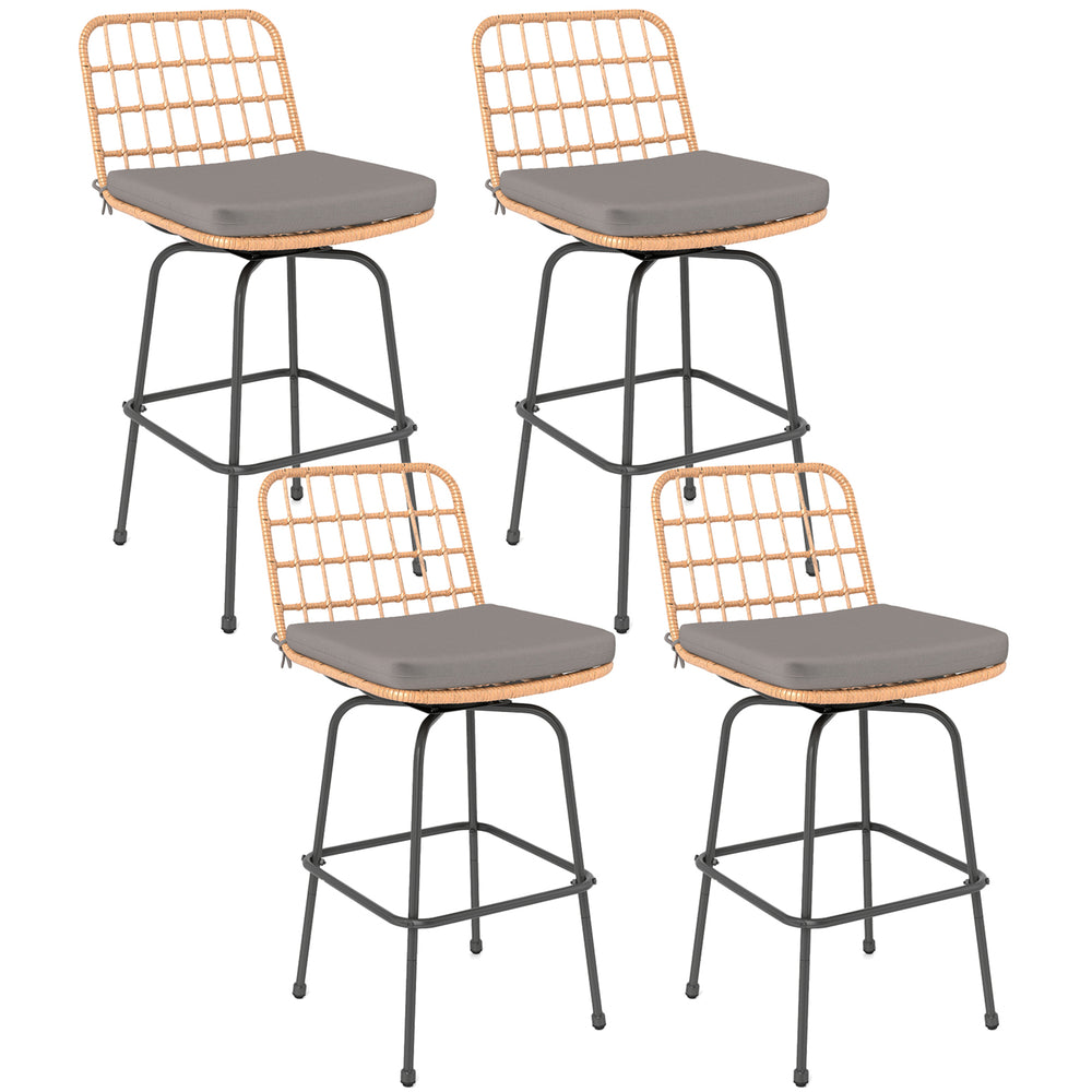 Set of 4 patio swivel barstools with gray soft seat cushions and rattan accents for outdoor relaxation.