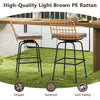 Patio swivel barstools set of 2 in light brown PE rattan with soft gray cushions, perfect for backyard or poolside use.
