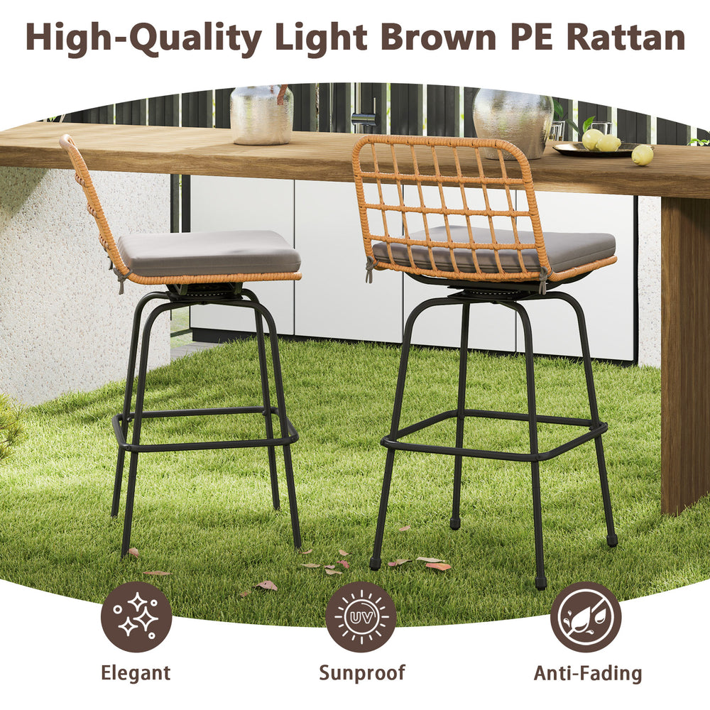 Patio swivel barstools set of 2 in light brown PE rattan with soft gray cushions, perfect for backyard or poolside use.