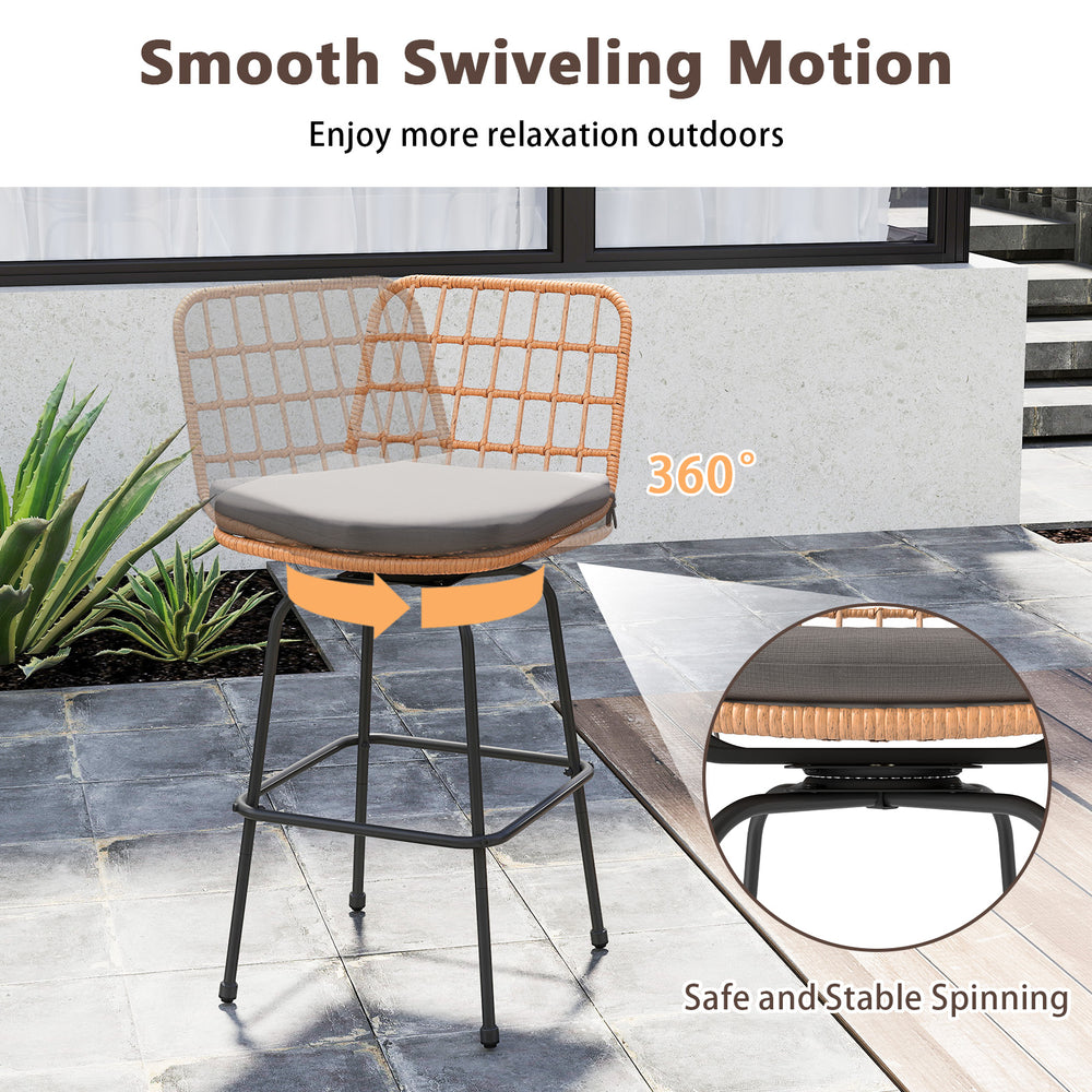 Patio swivel barstool with gray soft seat cushion, rattan back, and heavy-duty metal frame for outdoor relaxation.