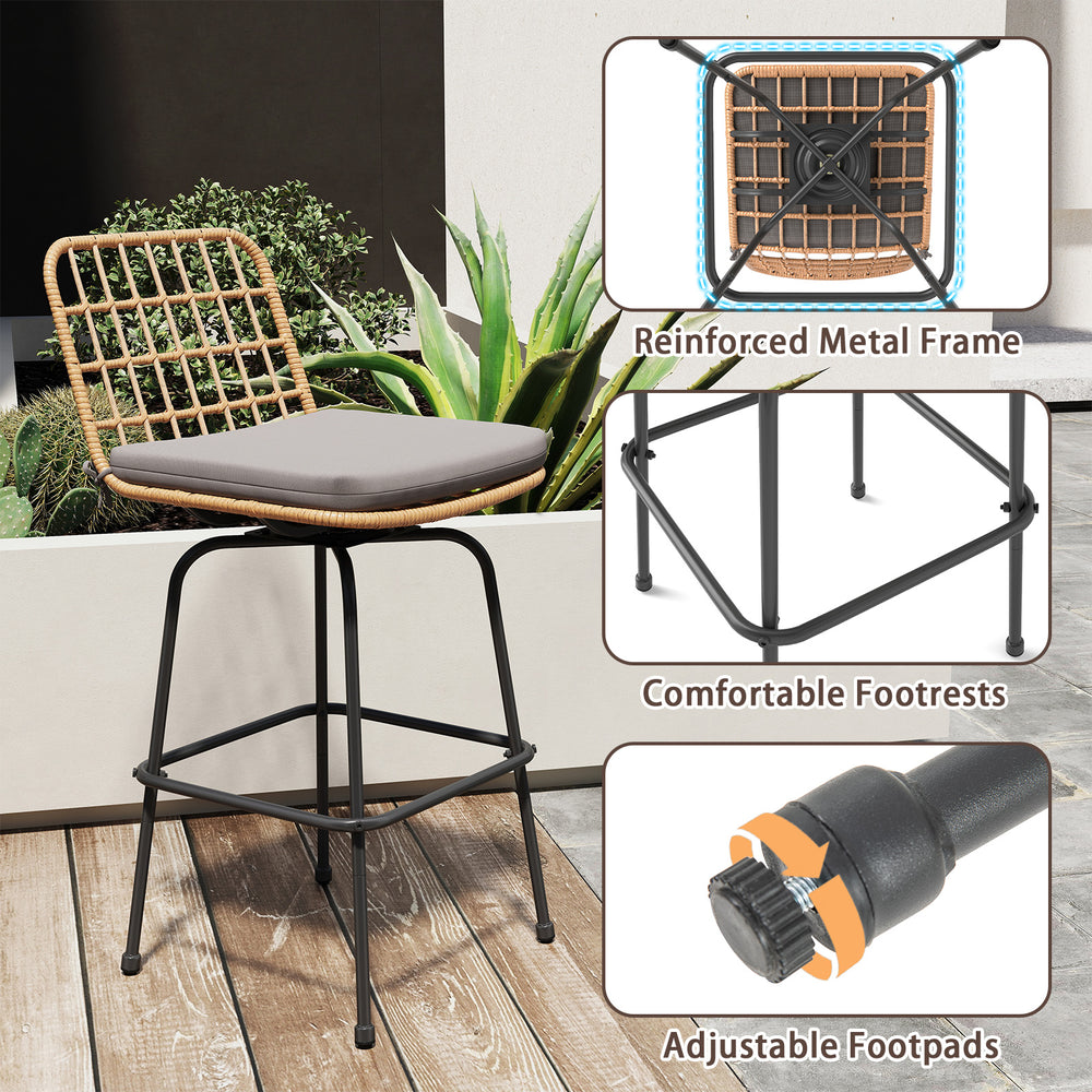 Patio swivel barstool with rattan seat, soft gray cushion, and adjustable footpads for backyard relaxation.